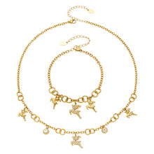 MiduoduoJewelry gold reindeer zircon necklace and matching deer charm bracelet displayed together