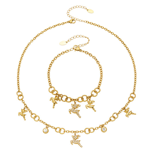 MiduoduoJewelry gold reindeer zircon necklace and matching deer charm bracelet displayed together