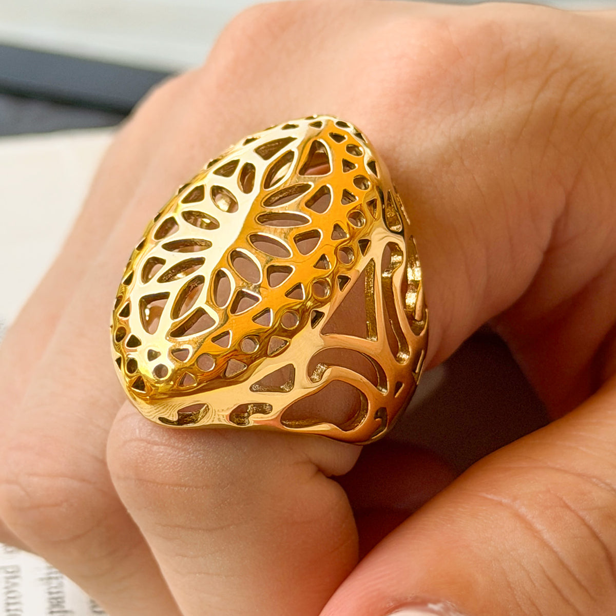 316L Stainless Steel 18K PVD Gold Retro Irregular Hollow Wide Ring made with 316L stainless steel and 18K PVD gold finish for wholesale jewelry buyers - image 5