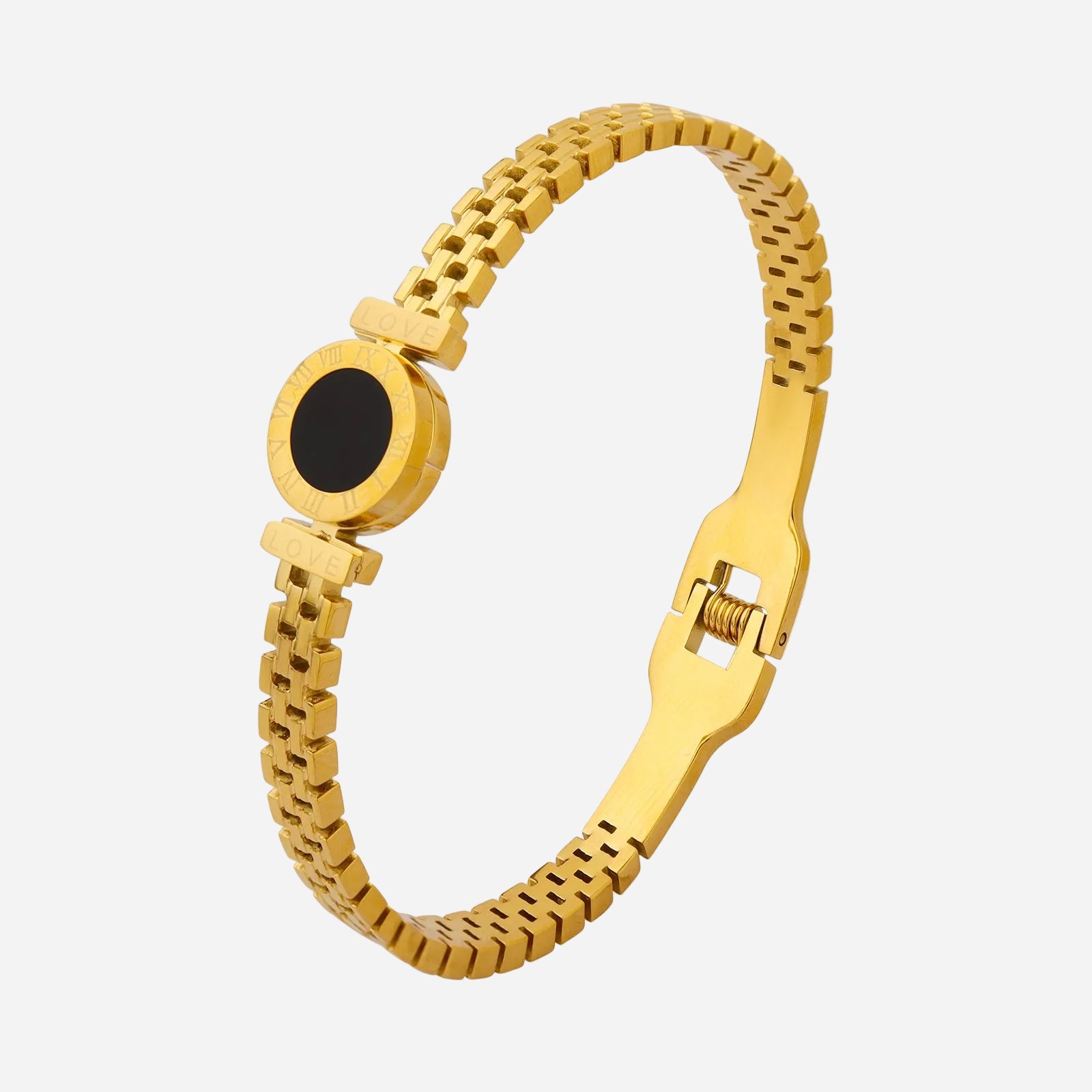roman numeral love black stone mesh cuff bracelet 18k gold plated stainless steel women jewelry