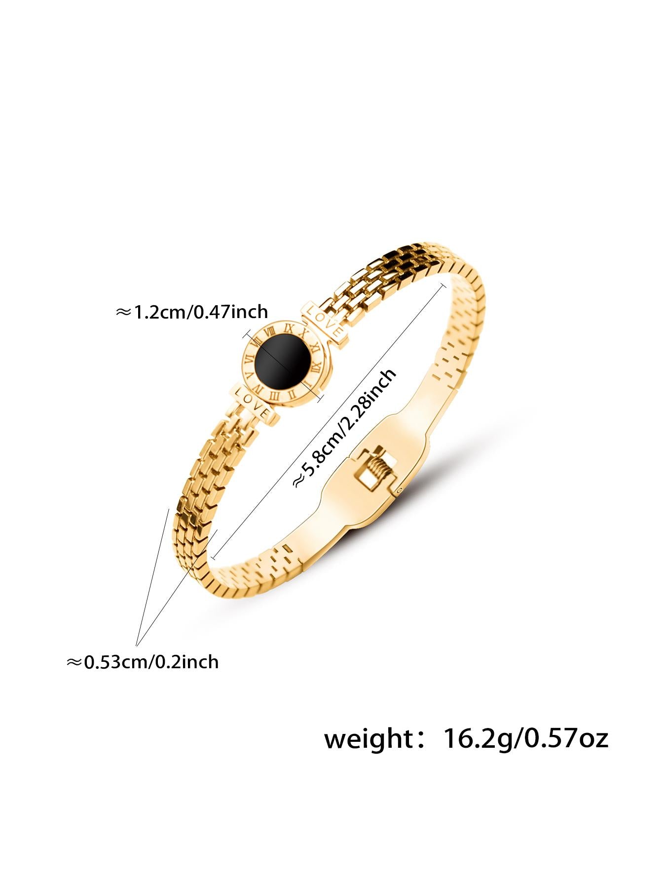 roman numeral love black stone mesh cuff bracelet gold size weight details 5.8cm inner diameter 16.2g stainless steel