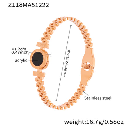 Rose gold plated stainless steel LOVE acrylic bangle spec view, inner diameter 6.0cm, weight 16.7g