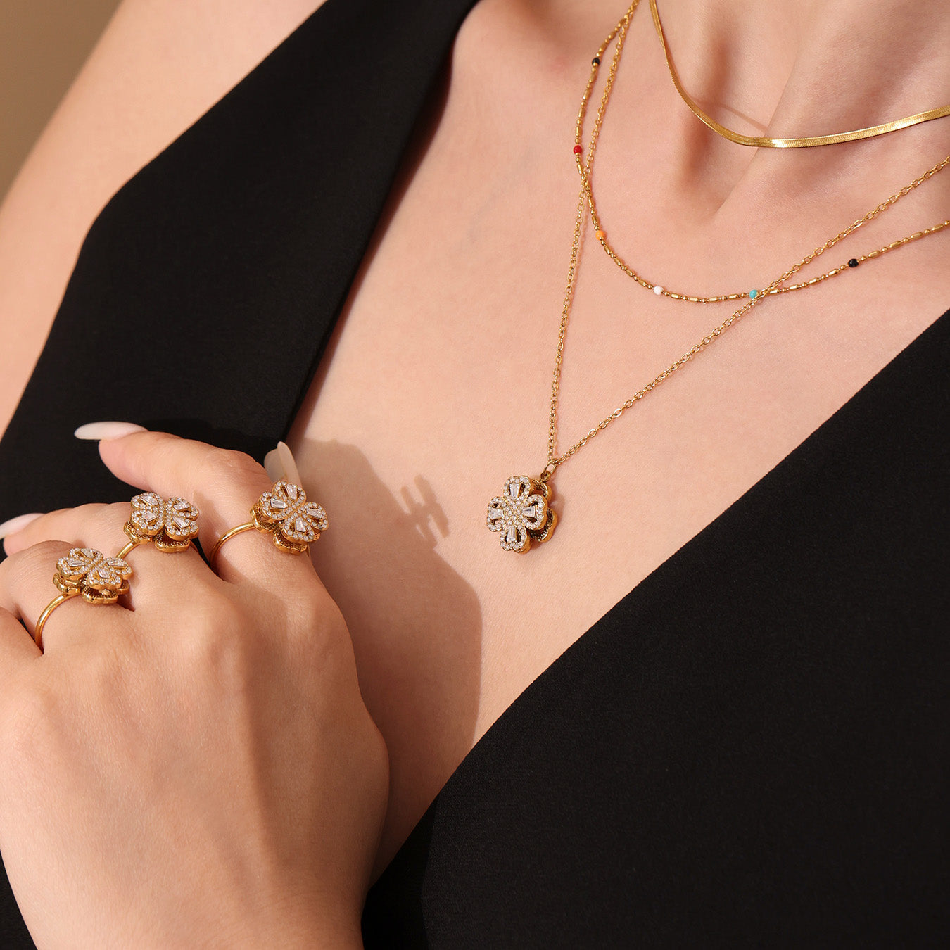316L Stainless Steel 18K PVD Gold Rotating Flower Necklace made with 316L stainless steel and 18K PVD gold finish for wholesale jewelry buyers - image 19