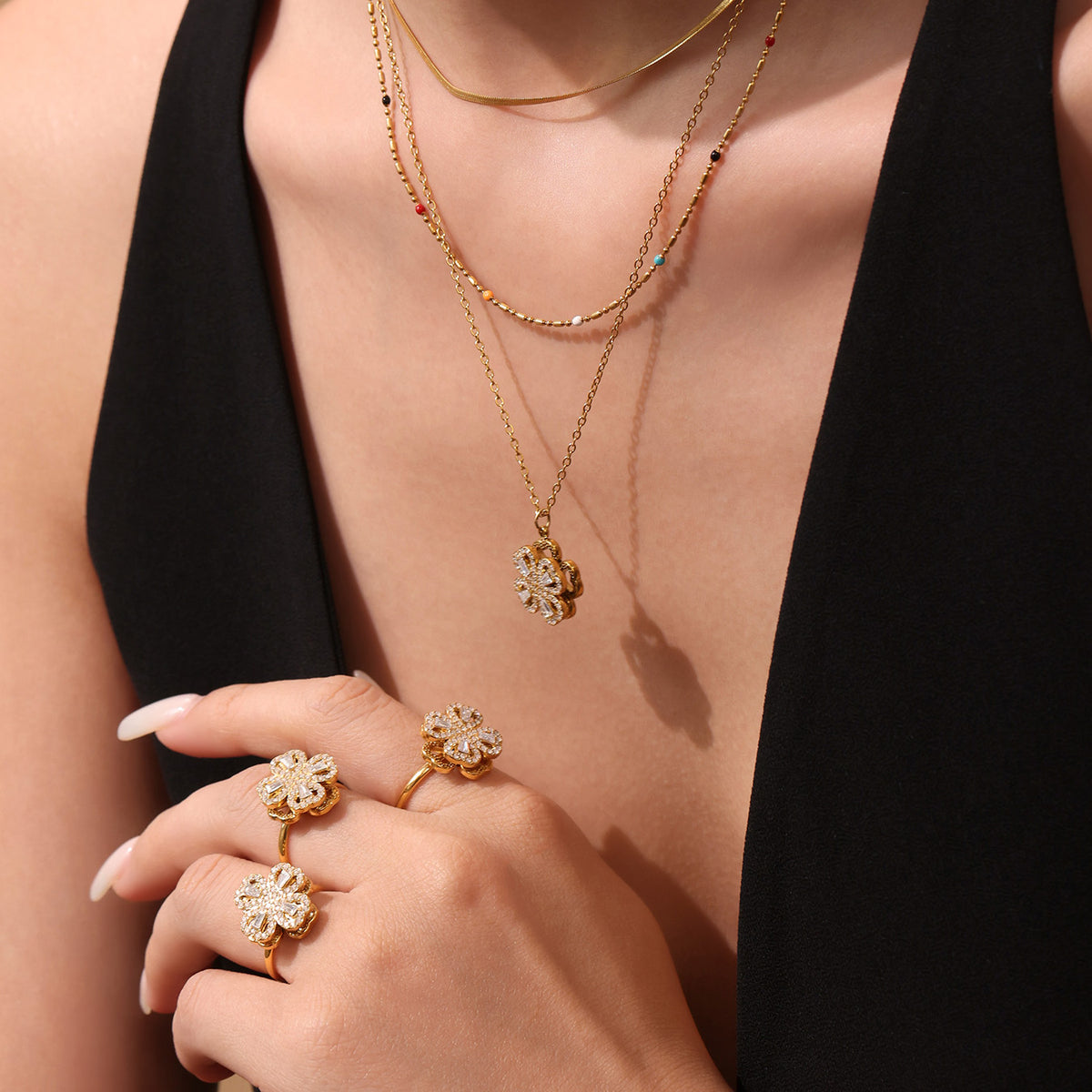316L Stainless Steel 18K PVD Gold Rotating Flower Necklace made with 316L stainless steel and 18K PVD gold finish for wholesale jewelry buyers - image 20