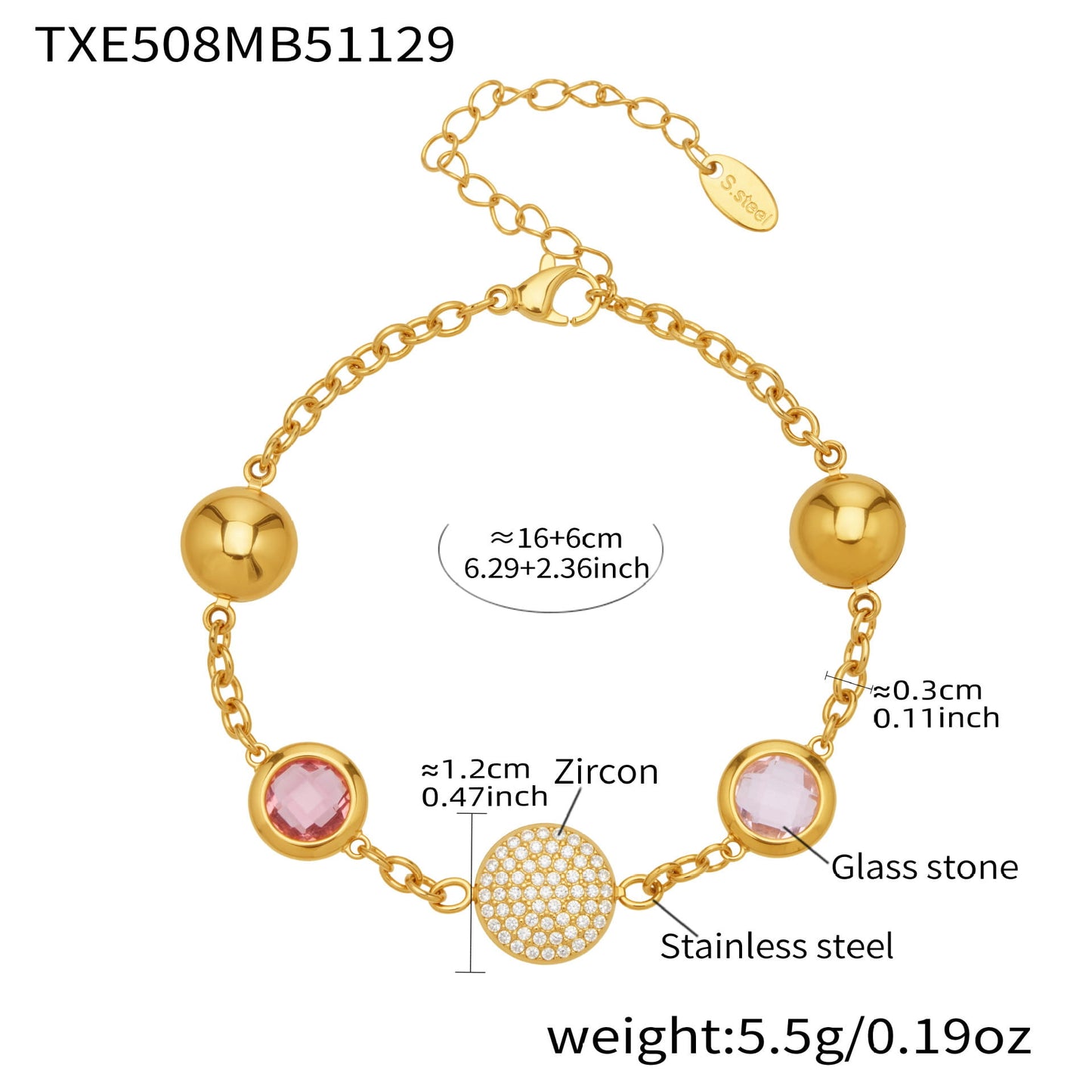 Gold tone stainless steel bracelet with pink glass stones and zircon pavé disc, size reference