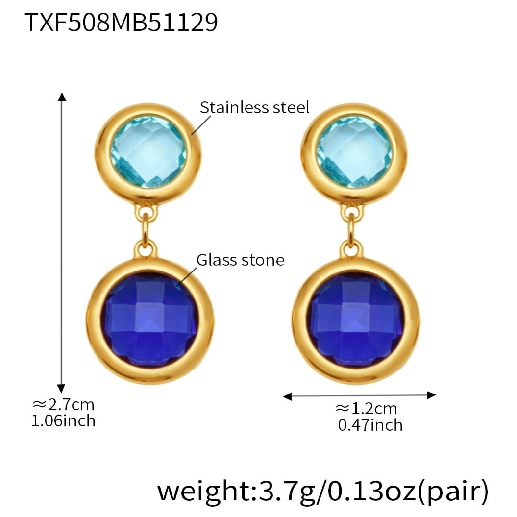 Gold tone round bezel glass stone drop earrings with aqua and blue glass stones, size reference