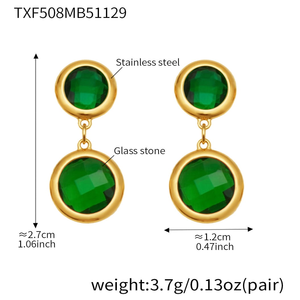 gold tone round bezel glass stone drop earrings with green glass stones showing size details