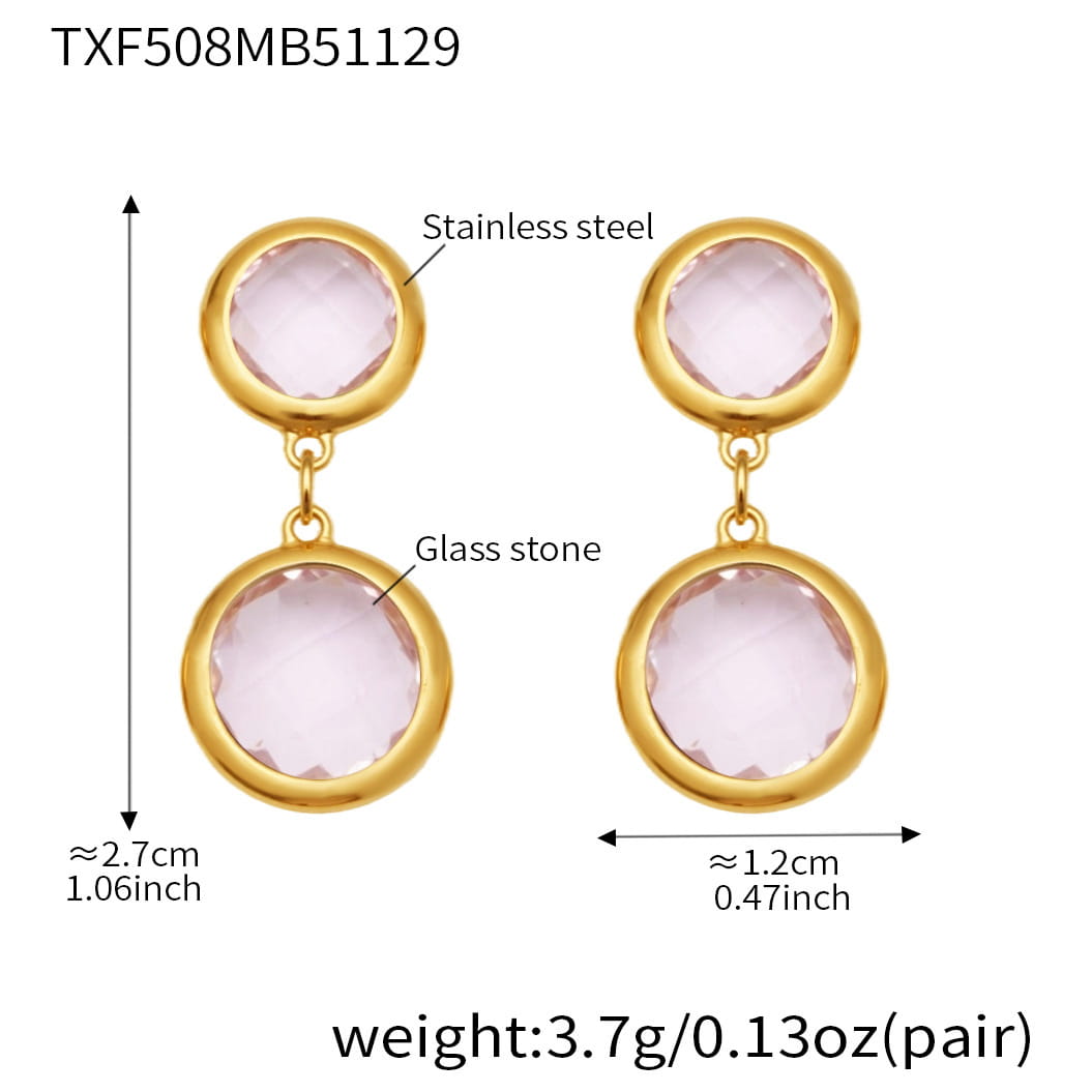 Gold tone round bezel glass stone drop earrings with pink glass stones and size reference