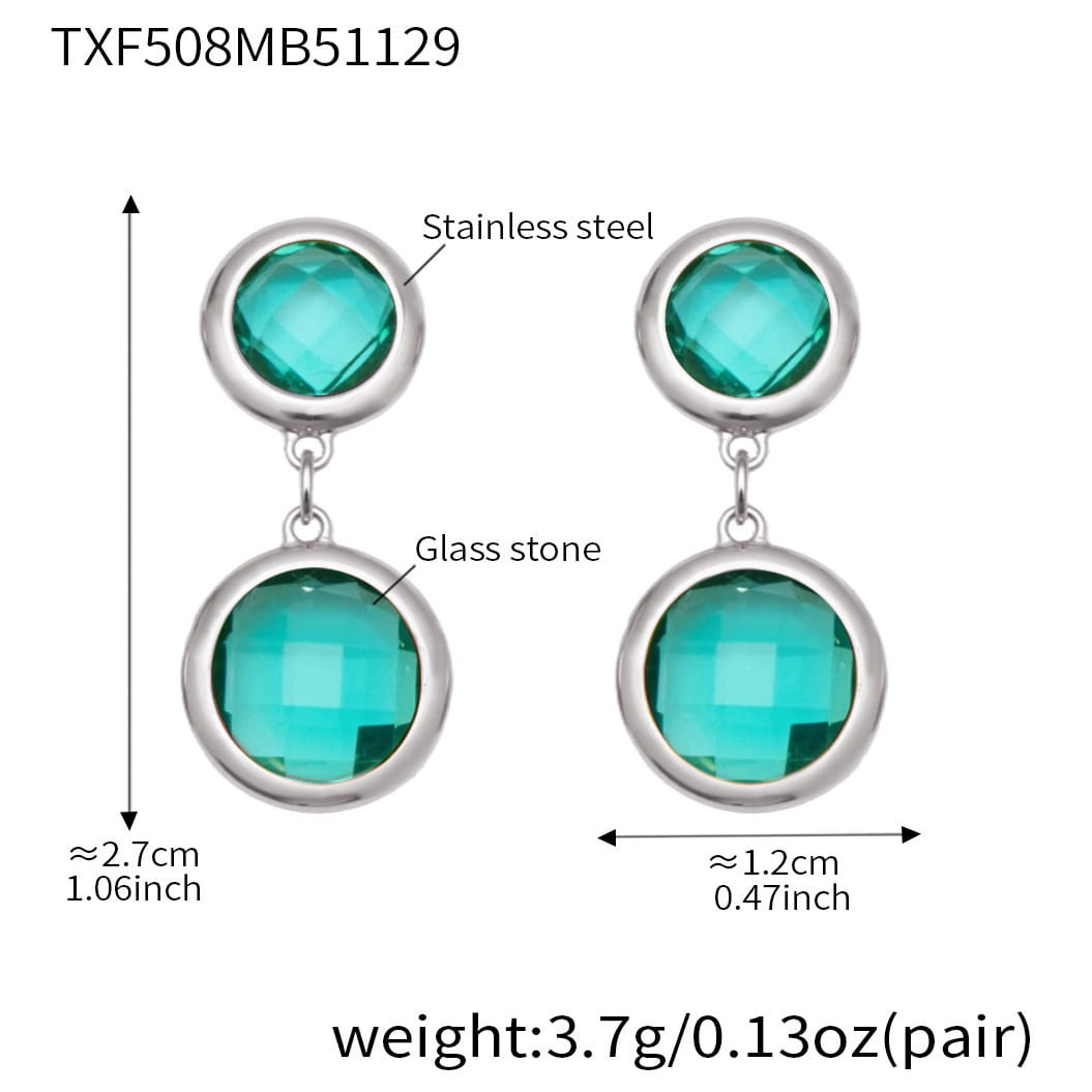 18K PVD Gold Stainless Steel Round Bezel CZ & Glass Stone Bracelet and Drop Earrings Set