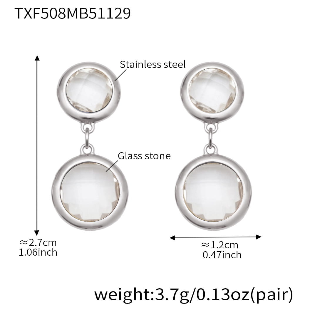 Silver tone round bezel glass stone drop earrings with clear stones showing size and weight reference
