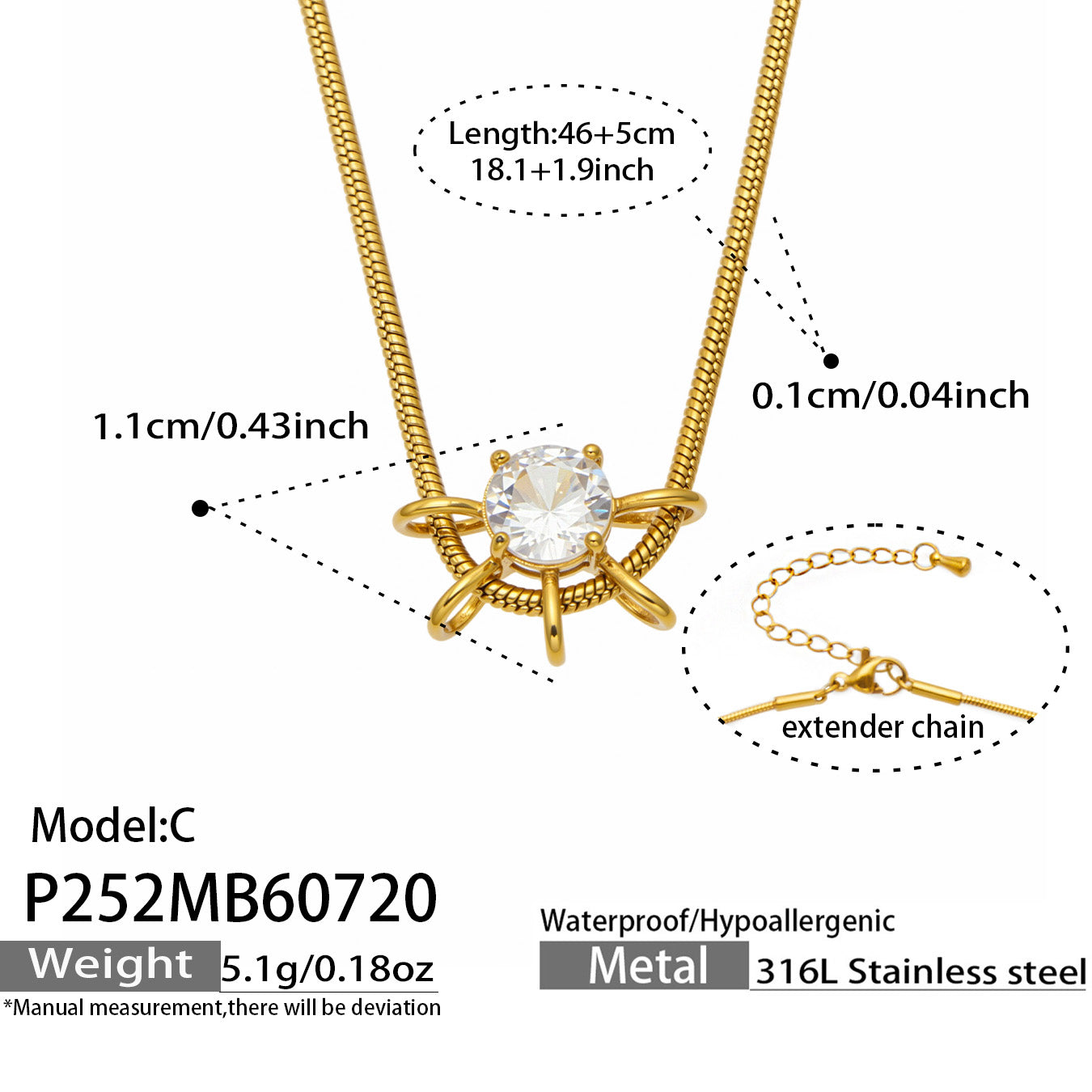 Size guide for the round zircon pendant necklace with chain and pendant measurements