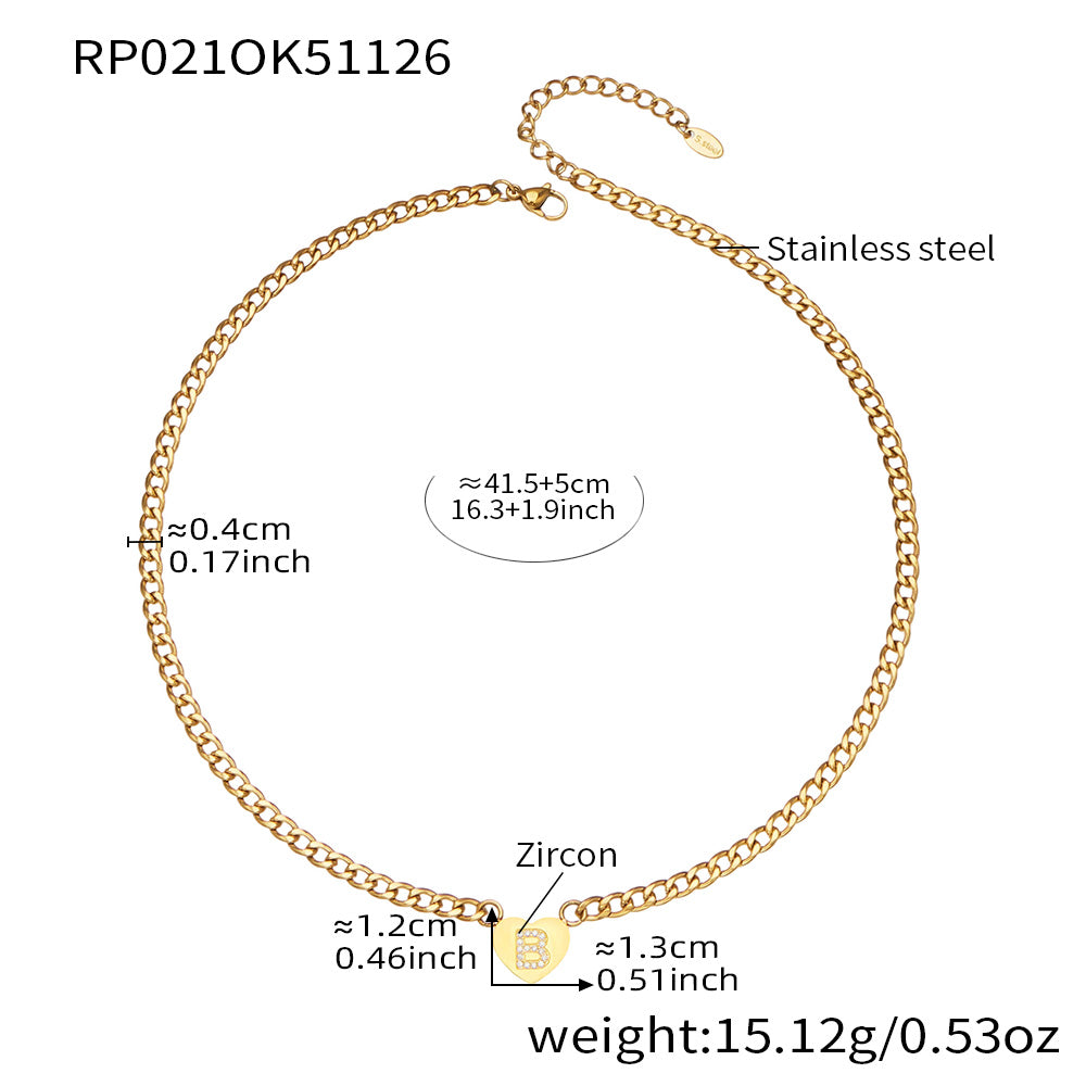 RP021 gold-tone stainless steel curb chain necklace with zircon initial B heart charm, 41.5+5 cm