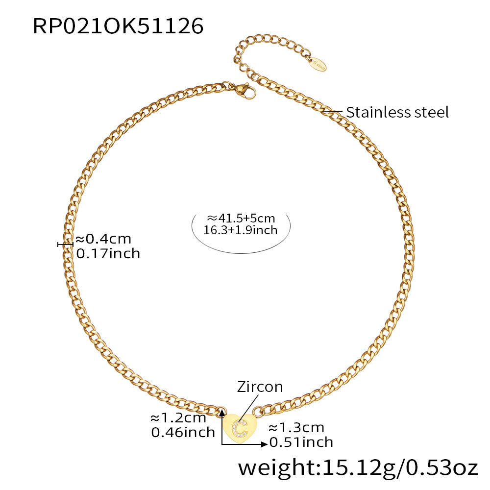 RP021 gold-tone stainless steel curb chain necklace with zircon initial C heart charm, 41.5+5 cm