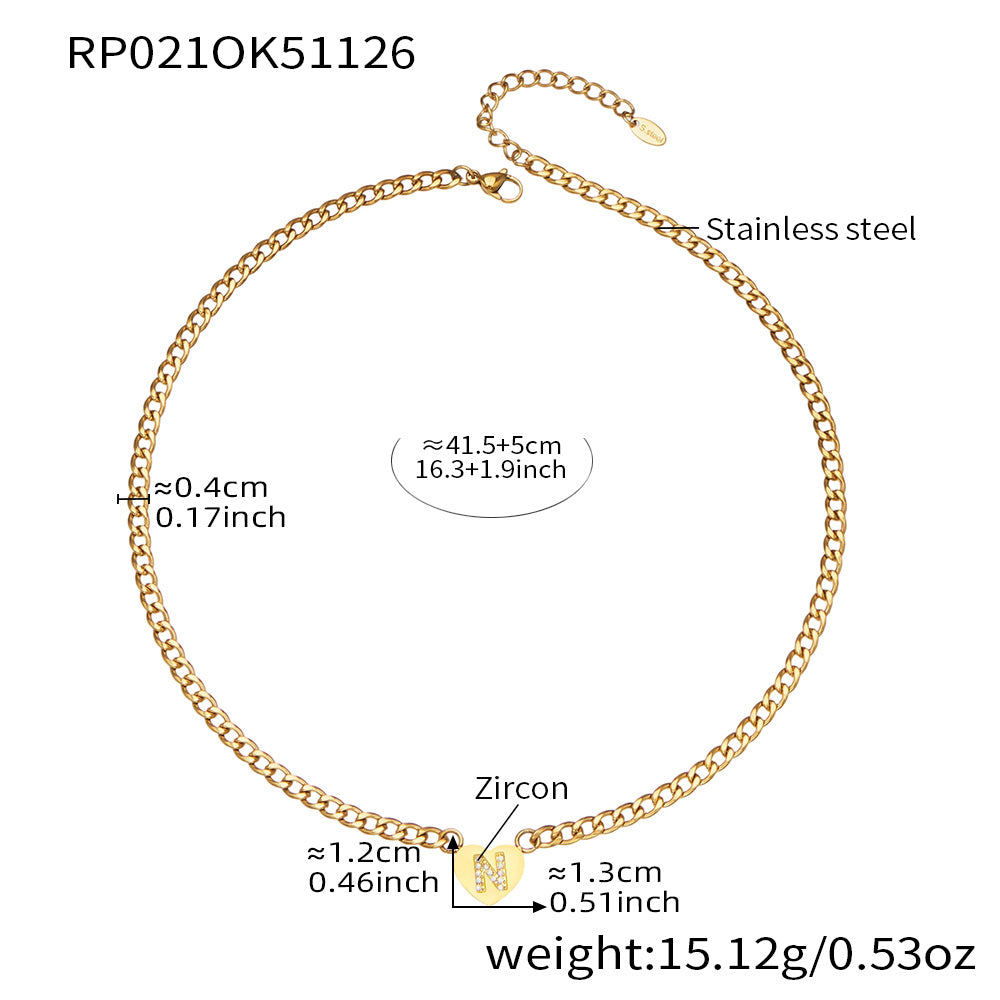RP021 gold-tone stainless steel curb chain necklace with zircon initial N heart charm, 41.5+5 cm