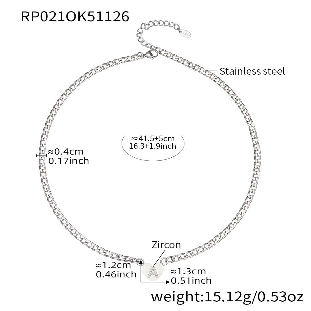 RP021 silver-tone stainless steel curb chain necklace with zircon initial A heart charm, 41.5+5 cm