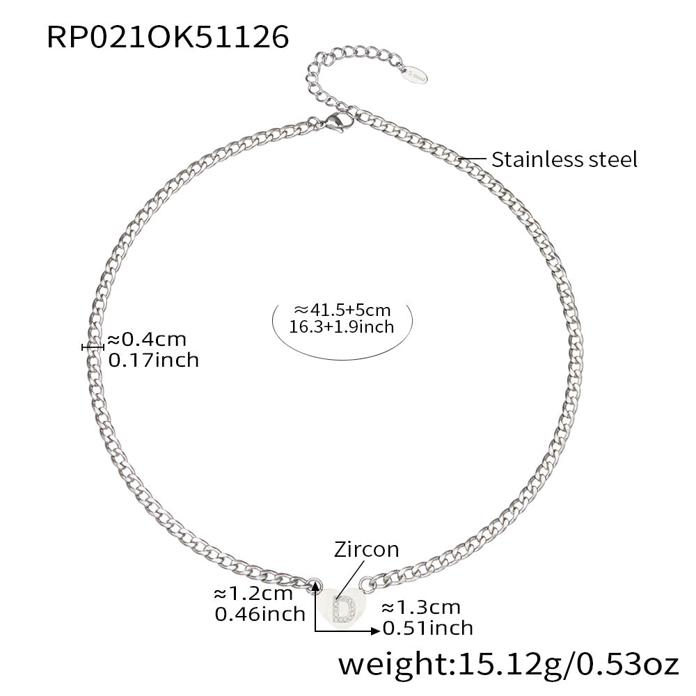 RP021 silver-tone stainless steel curb chain necklace with zircon initial D heart charm, 41.5+5 cm