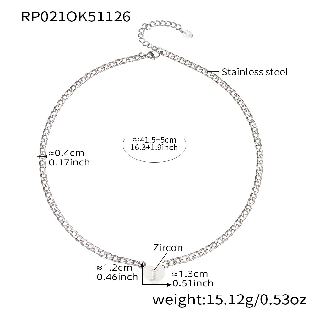 RP021 silver-tone stainless steel curb chain necklace with zircon initial I heart charm, 41.5+5 cm