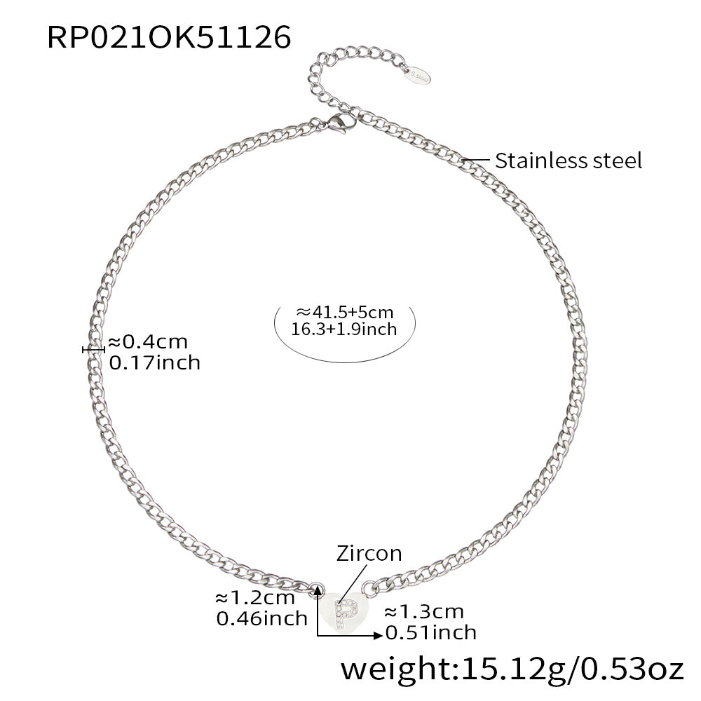 RP021 silver-tone stainless steel curb chain necklace with zircon initial P heart charm, 41.5+5 cm
