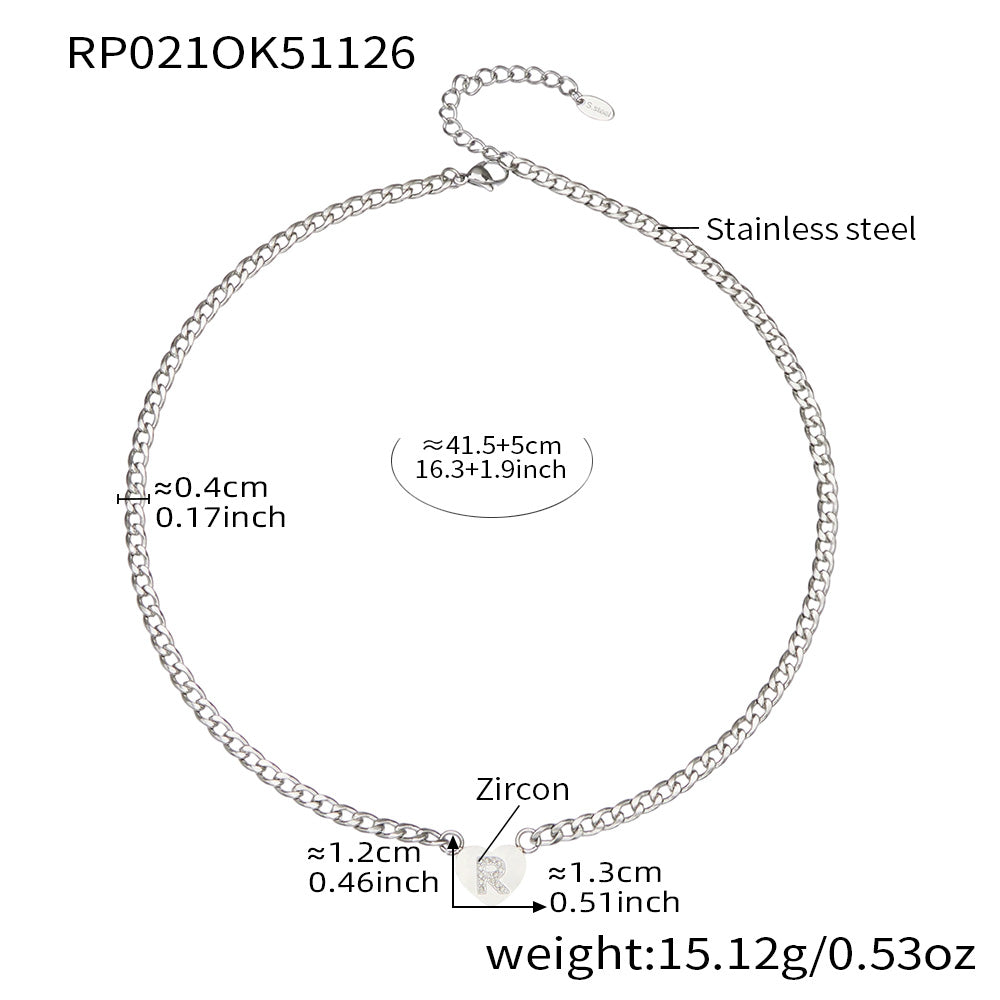RP021 silver-tone stainless steel curb chain necklace with zircon initial R heart charm, 41.5+5 cm