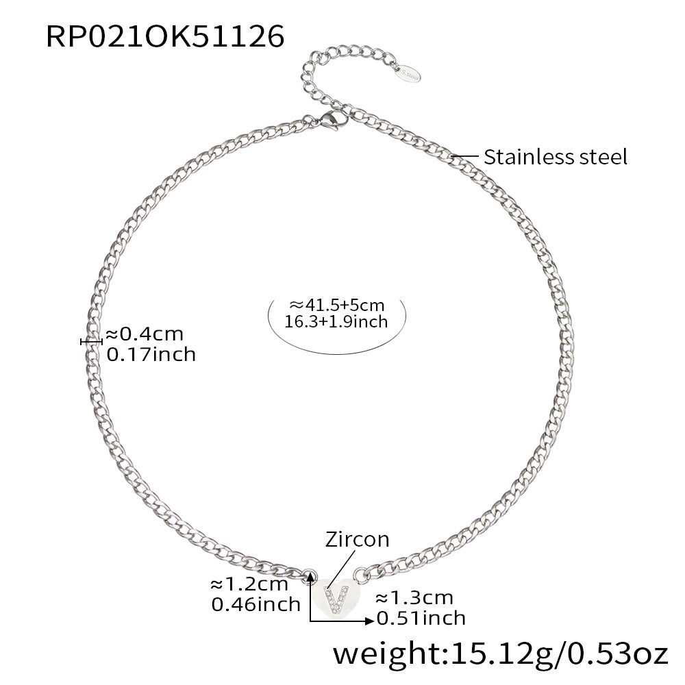 RP021 silver-tone stainless steel curb chain necklace with zircon initial V heart charm, 41.5+5 cm