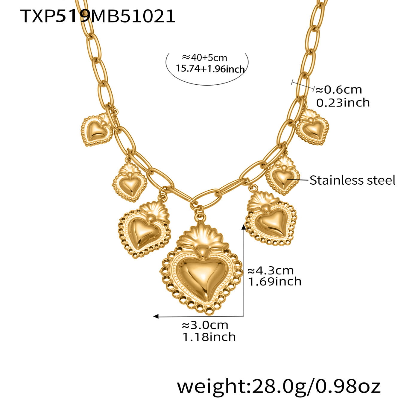 316L Stainless Steel Sacred Heart Charm Jewelry Set with PVD Gold