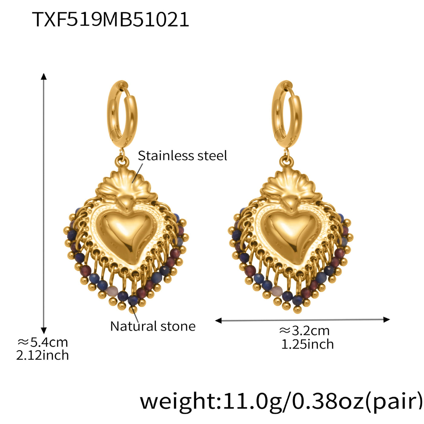 316L Stainless Steel Sacred Heart Charm Jewelry Set with PVD Gold
