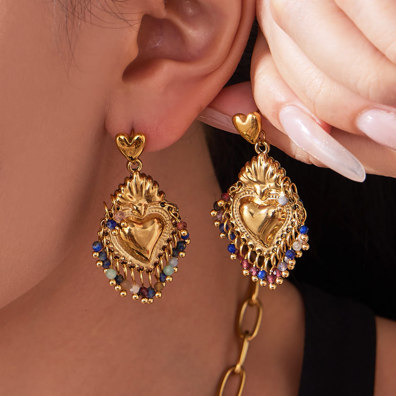 316L Stainless Steel Sacred Heart Charm Jewelry Set with PVD Gold