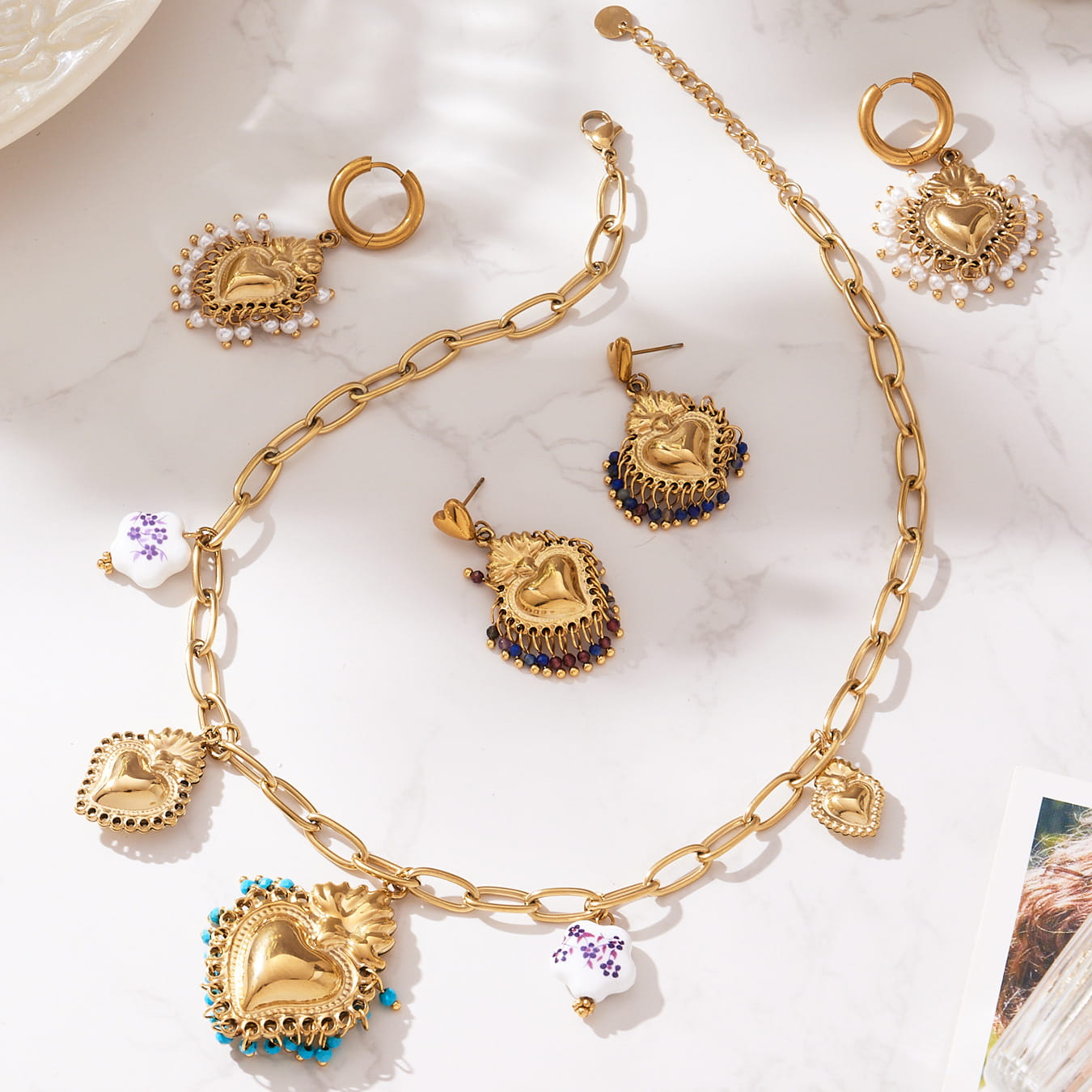 316L Stainless Steel Sacred Heart Charm Jewelry Set with PVD Gold