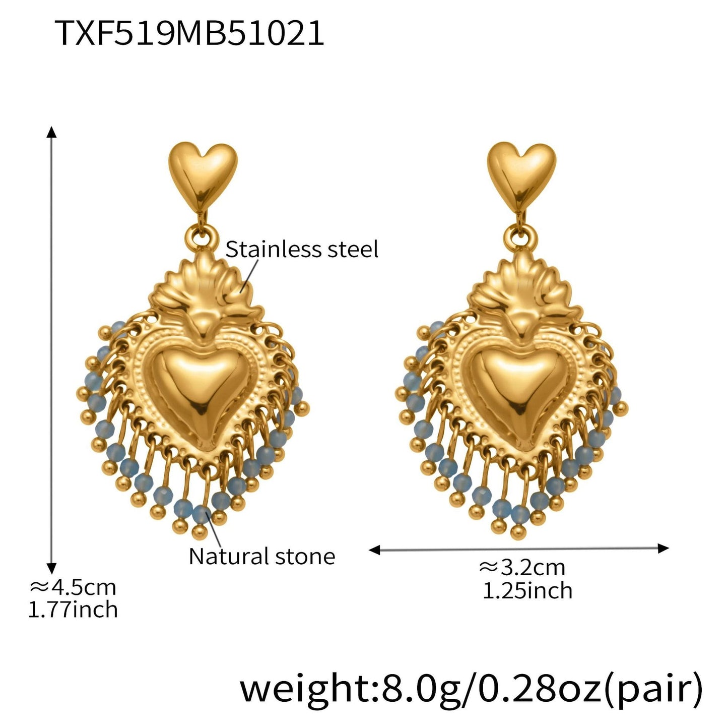 316L Stainless Steel Sacred Heart Charm Jewelry Set with PVD Gold