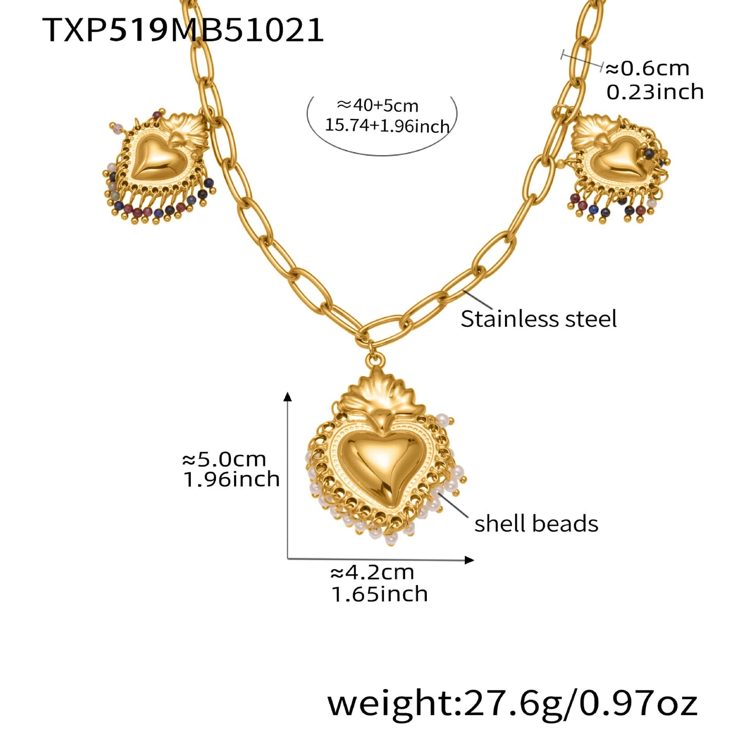 316L Stainless Steel Sacred Heart Charm Jewelry Set with PVD Gold
