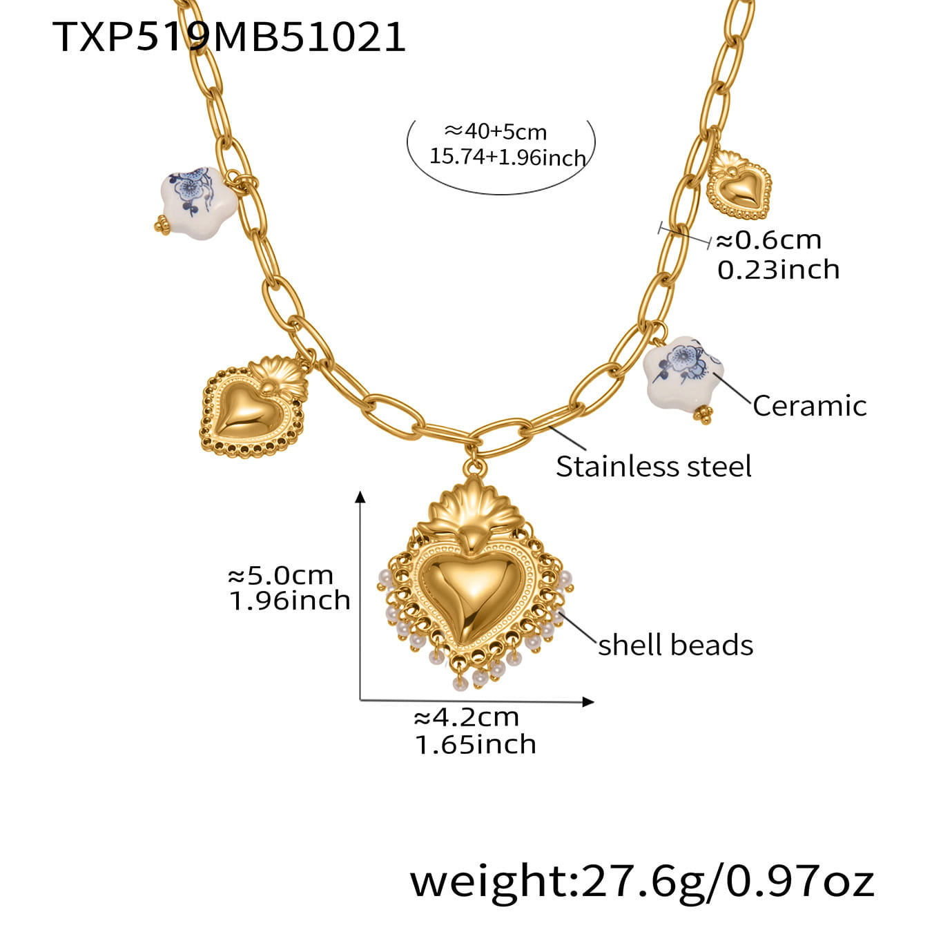 316L Stainless Steel Sacred Heart Charm Jewelry Set with PVD Gold