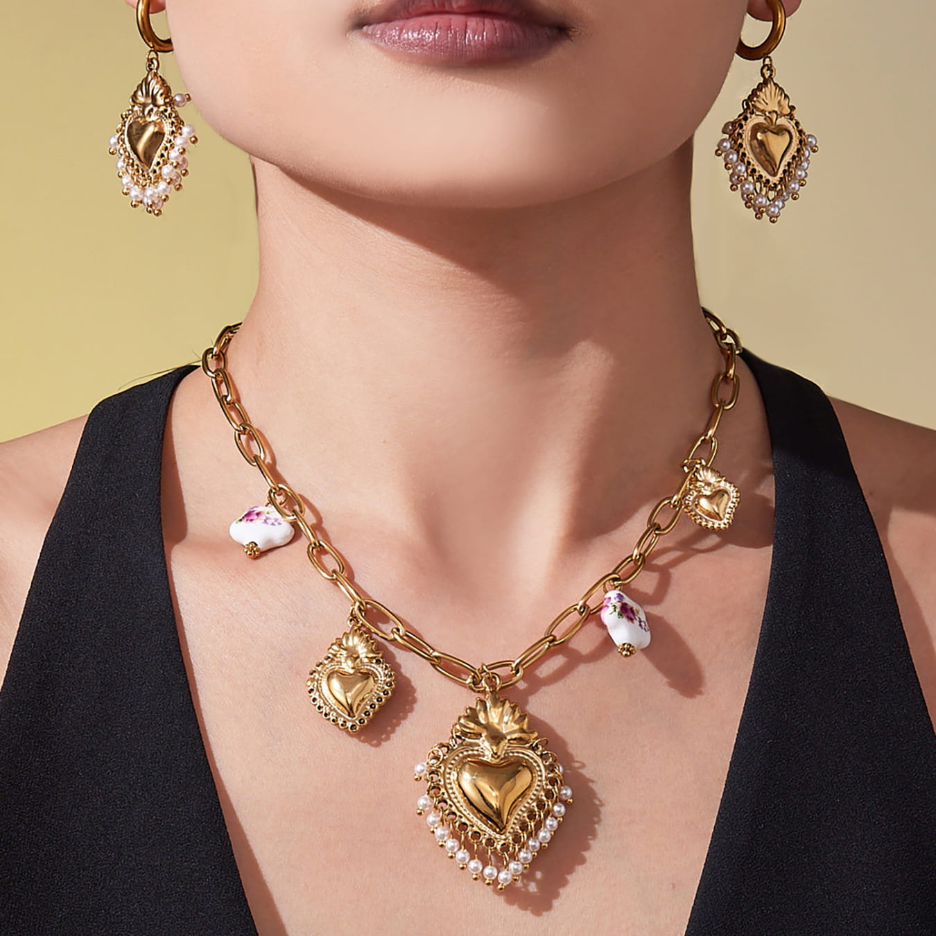 316L Stainless Steel Sacred Heart Charm Jewelry Set with PVD Gold