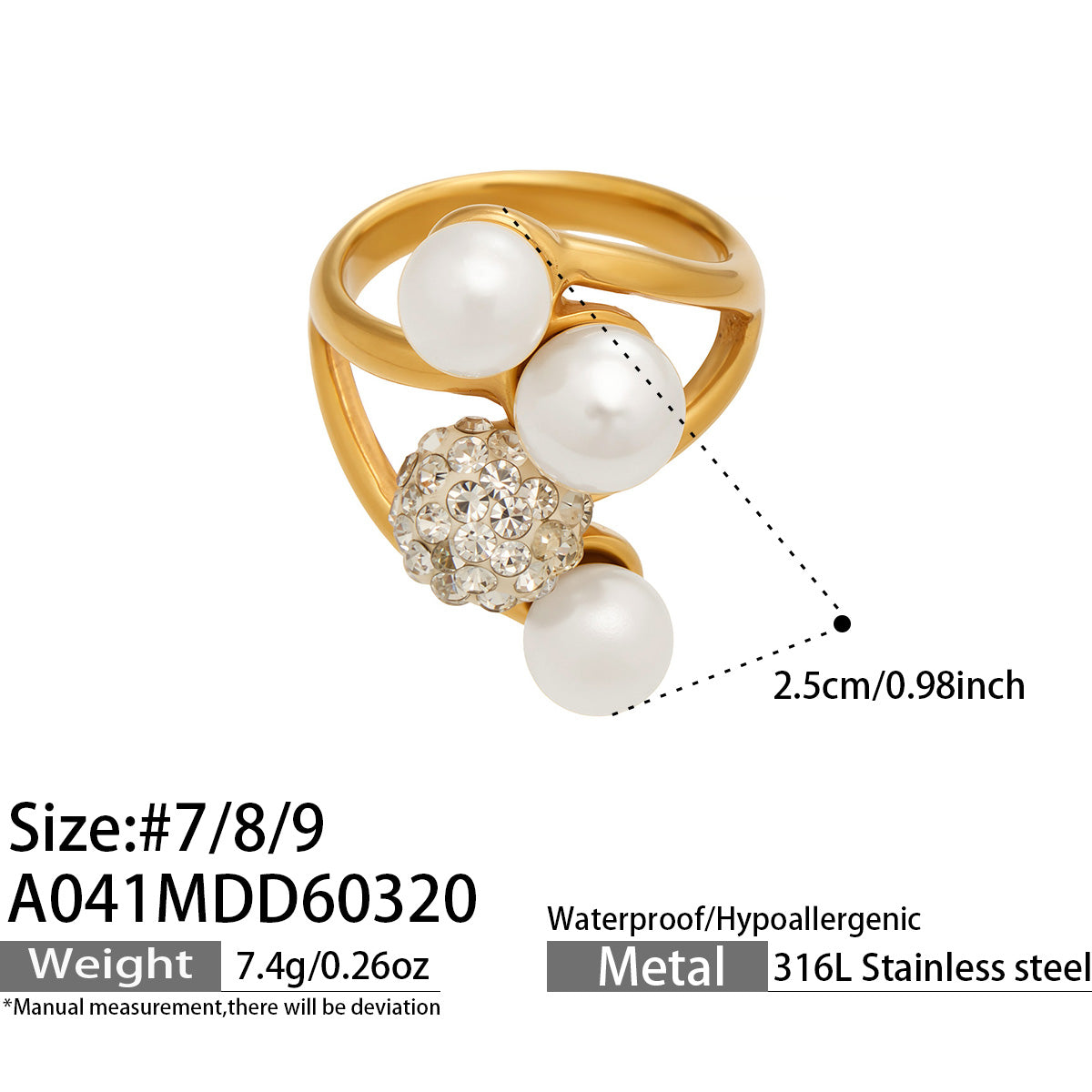 Gold sculptural open pearl ring size and pearl placement specification guide