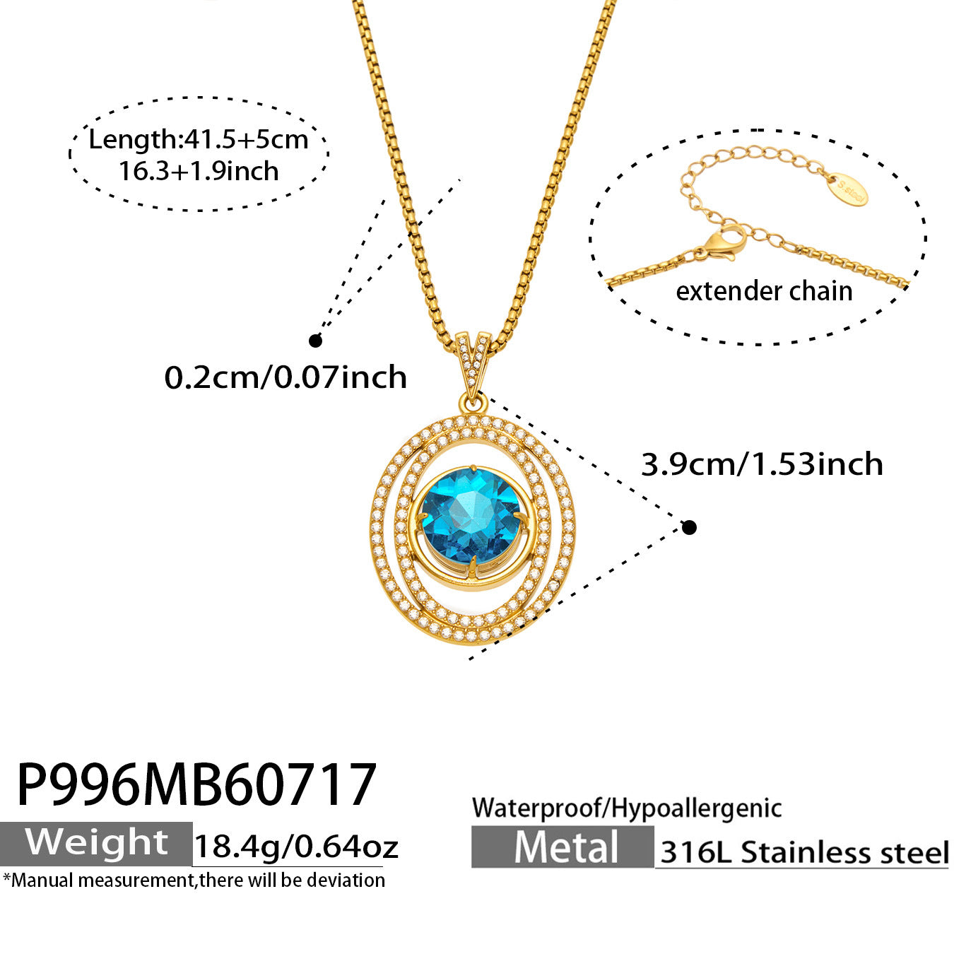 316L Stainless Steel 18K PVD Gold Sea Blue Zircon Pendant Necklace made with 316L stainless steel and 18K PVD gold finish for wholesale jewelry buyers - image 5