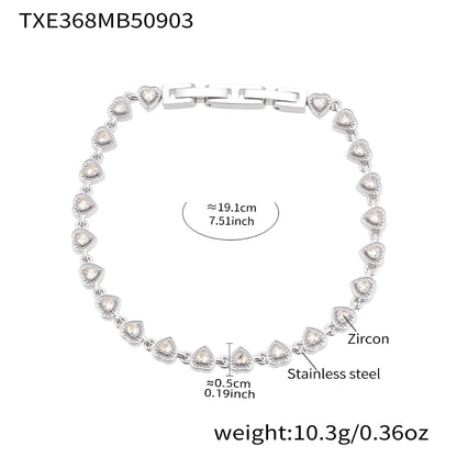 Silver tone 316L stainless steel heart bracelet with 5A cubic zirconia