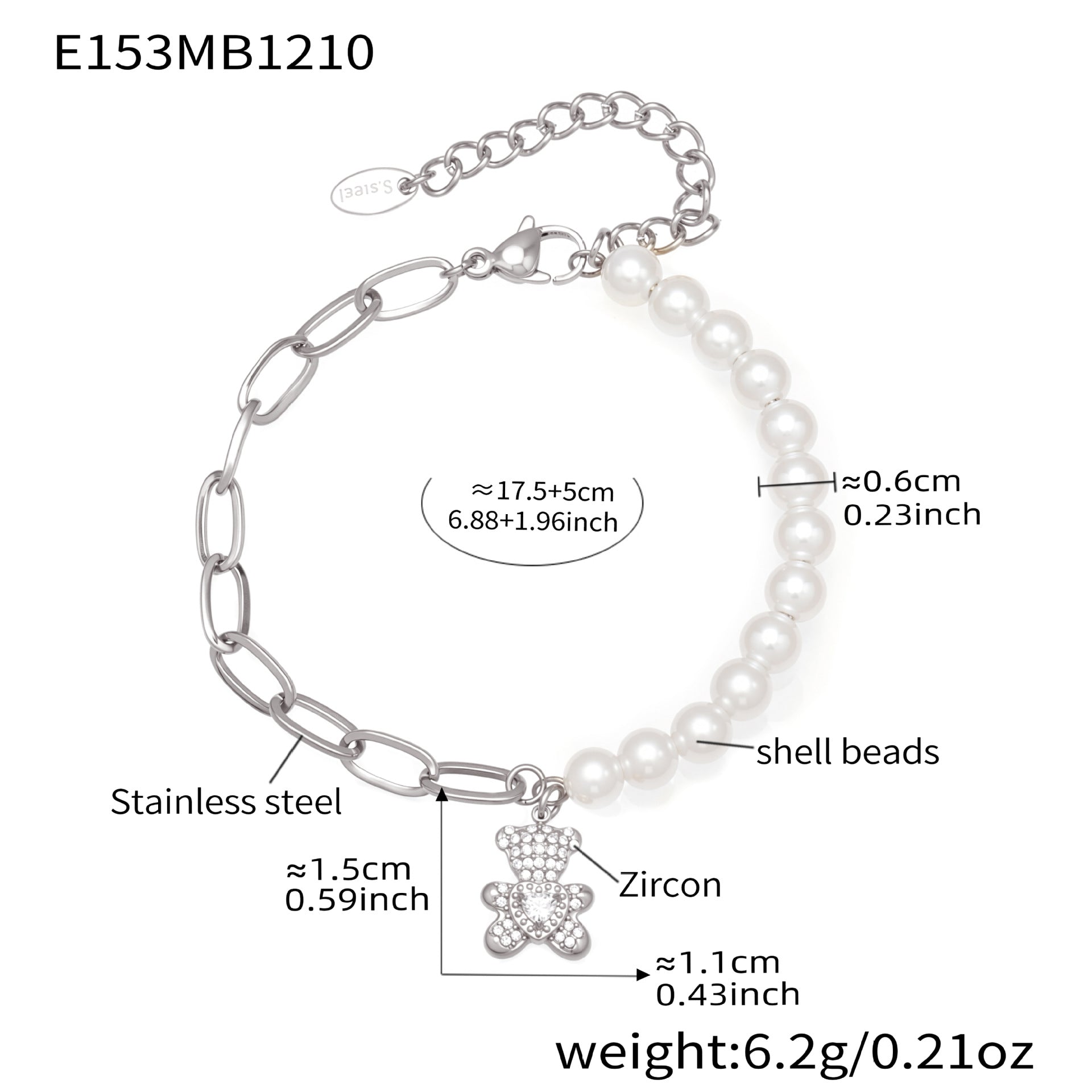 Silver 316L stainless steel pearl bracelet with cubic zirconia teddy bear charm