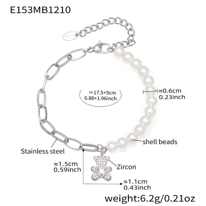 Silver 316L stainless steel pearl bracelet with cubic zirconia teddy bear charm