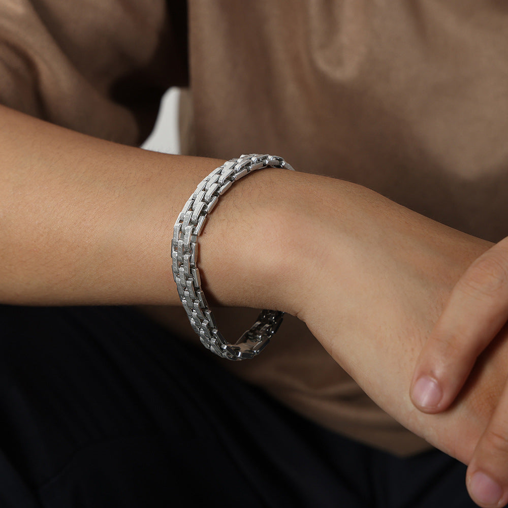 Silver and black 316L stainless steel textured lobster clasp bracelet, hypoallergenic and waterproof, modern geometric design for men