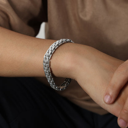 Silver and black 316L stainless steel textured lobster clasp bracelet, hypoallergenic and waterproof, modern geometric design for men