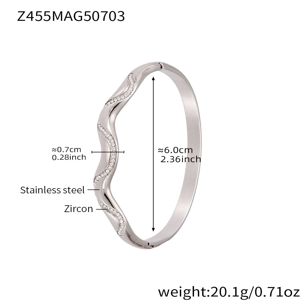 Silver irregular stainless steel bracelet (Z455MAG50703), 0.7cm zircon detail, inner diameter 6cm, weight 20.1g