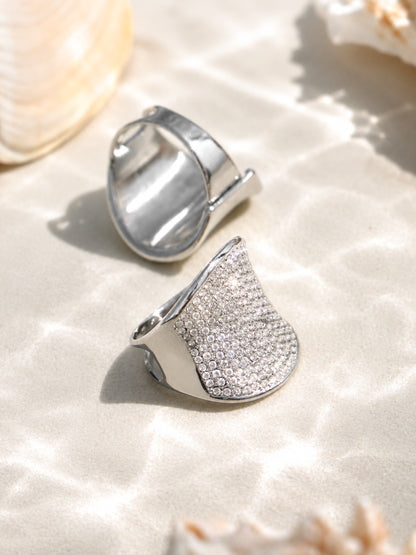Silver pavé CZ wide band ring lifestyle image for boutique statement jewelry collections