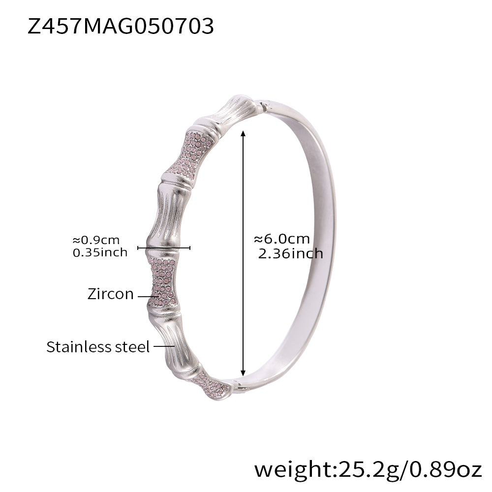 Silver stainless steel bamboo joint bracelet (Z457MAG050703), 0.9cm pink zircon detail, inner diameter 6cm, weight 25.2g
