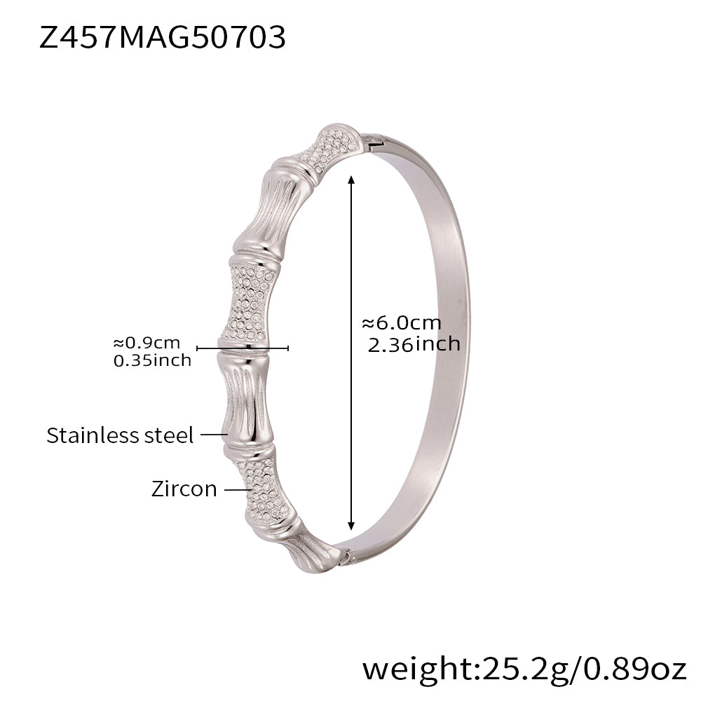 Silver stainless steel bamboo joint bracelet (Z457MAG50703), 0.9cm white zircon detail, inner diameter 6cm, weight 25.2g
