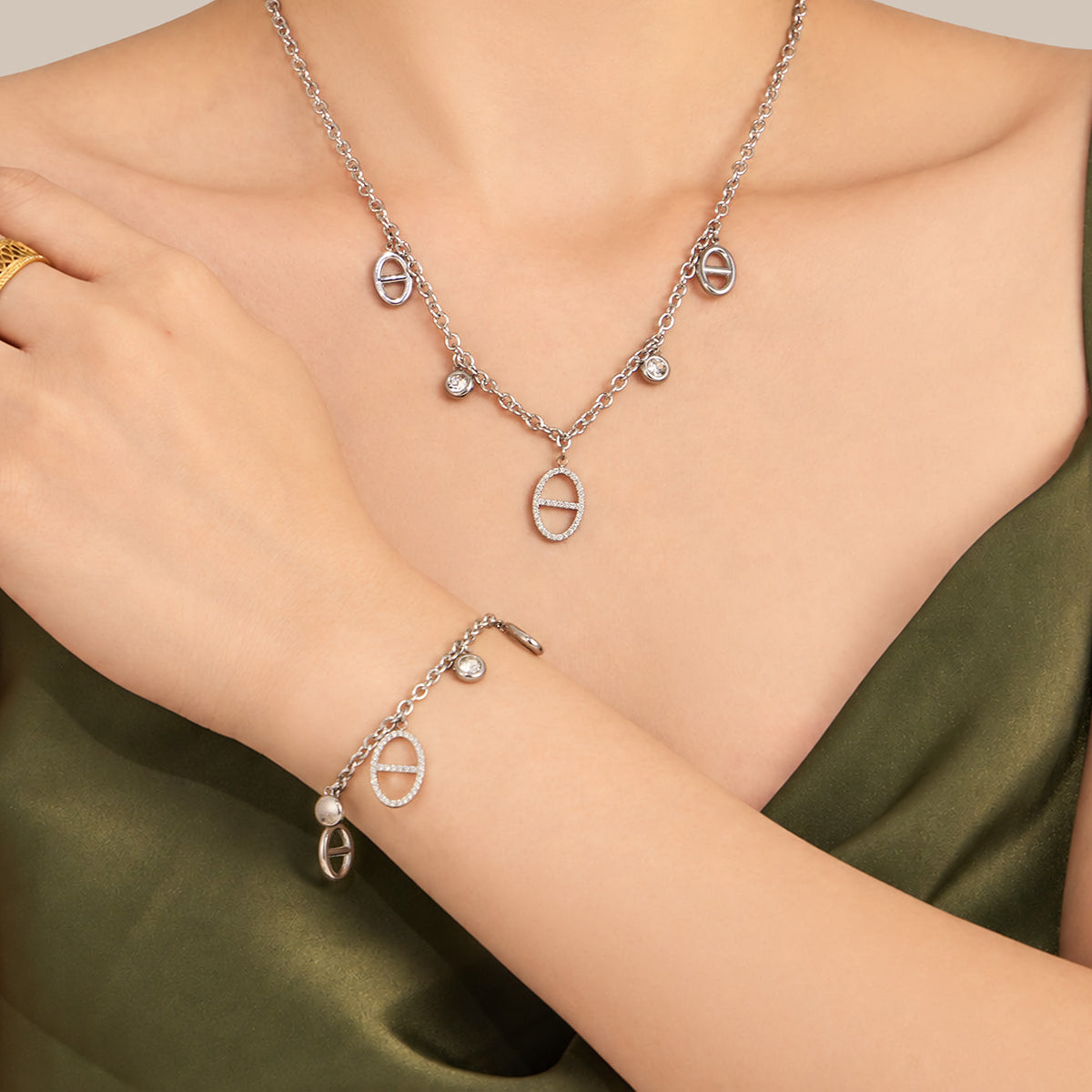 Silver stainless steel zircon charm necklace worn on model