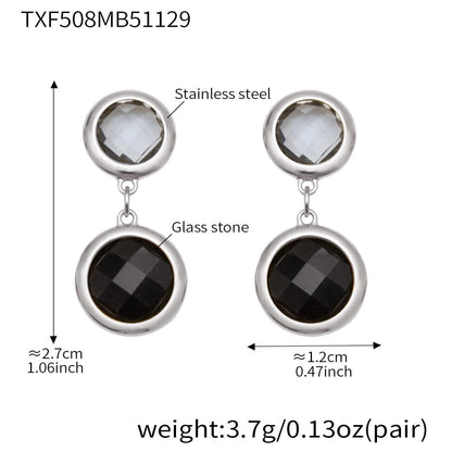 Silver stainless steel drop earrings with black glass stones and minimalist design
