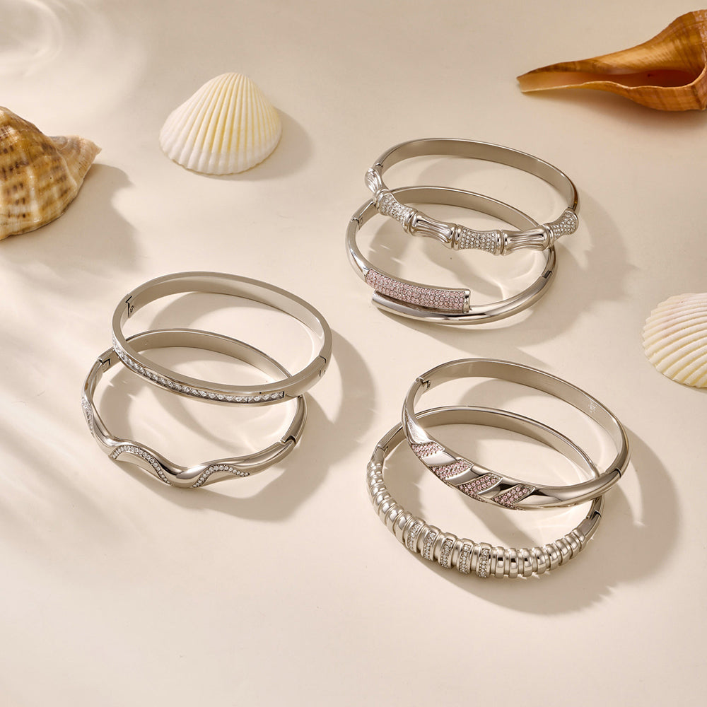 Silver stainless steel geometric bamboo joint zircon bracelet set