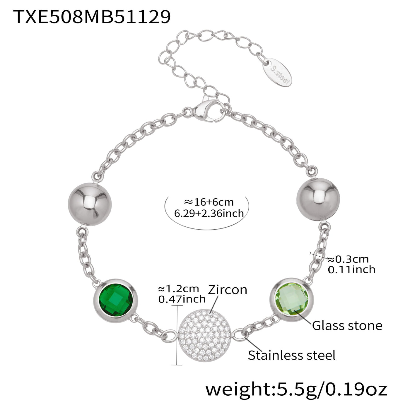 Technical dimension drawing for the 18K gold plated bezel bracelet highlighting the 316L stainless steel material.