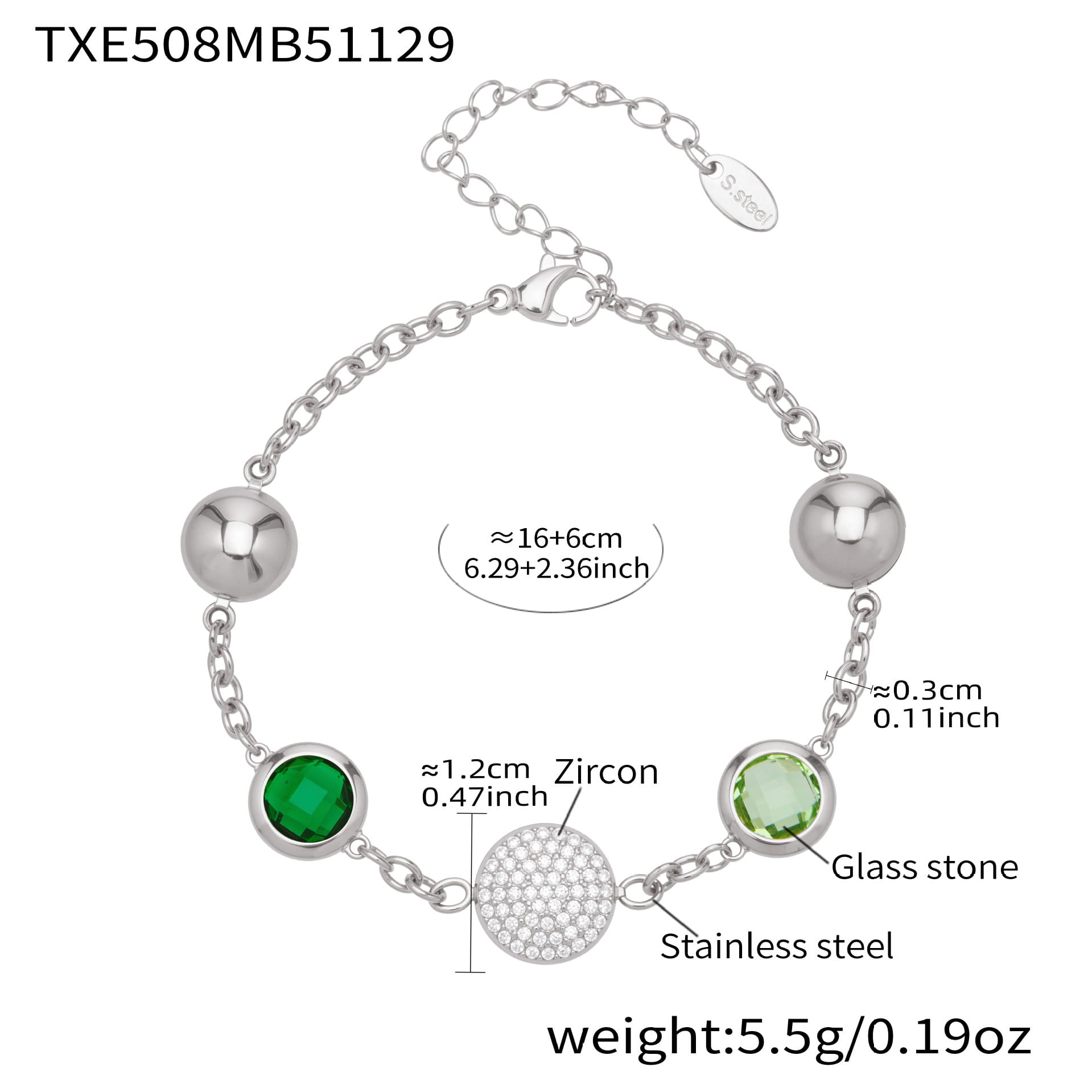 Silver stainless steel bracelet with green glass stones and round zircon charm