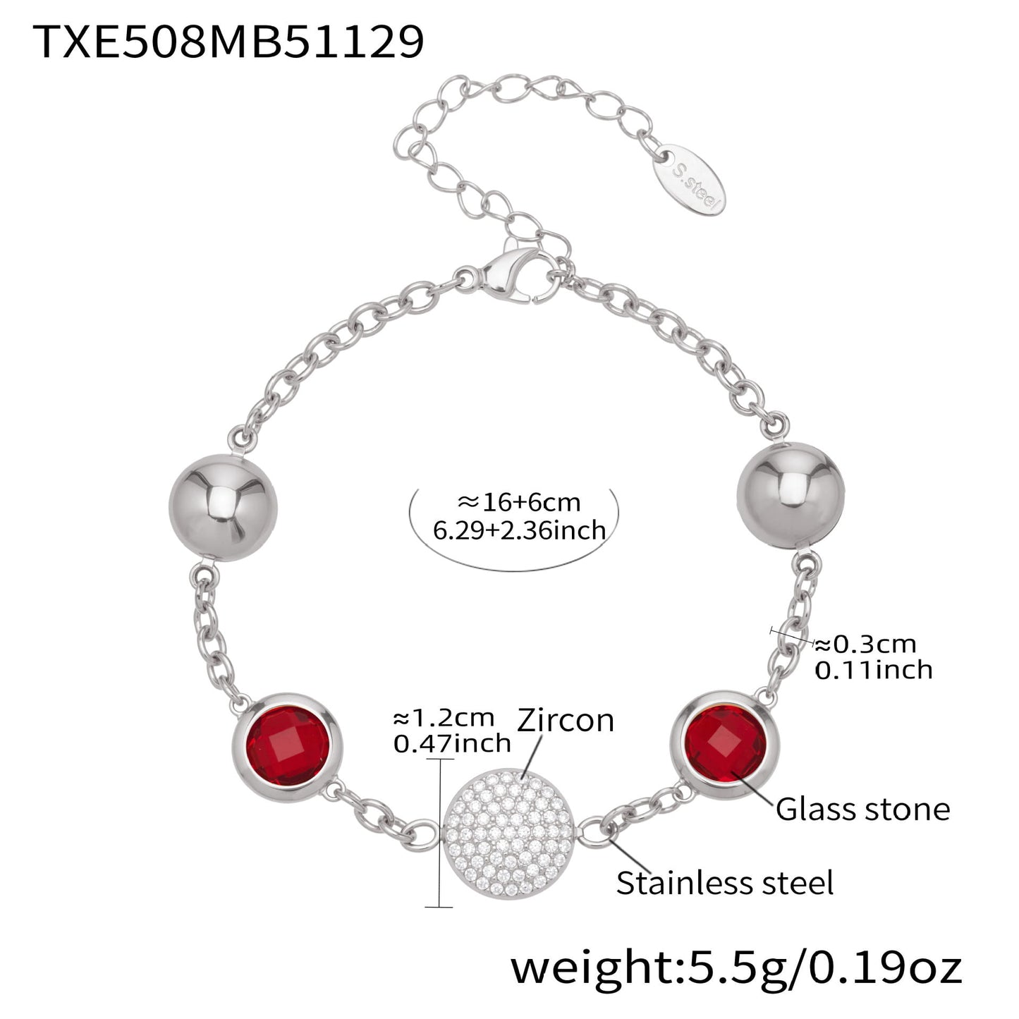 Silver tone stainless steel charm bracelet with red glass stones and zircon centerpiece