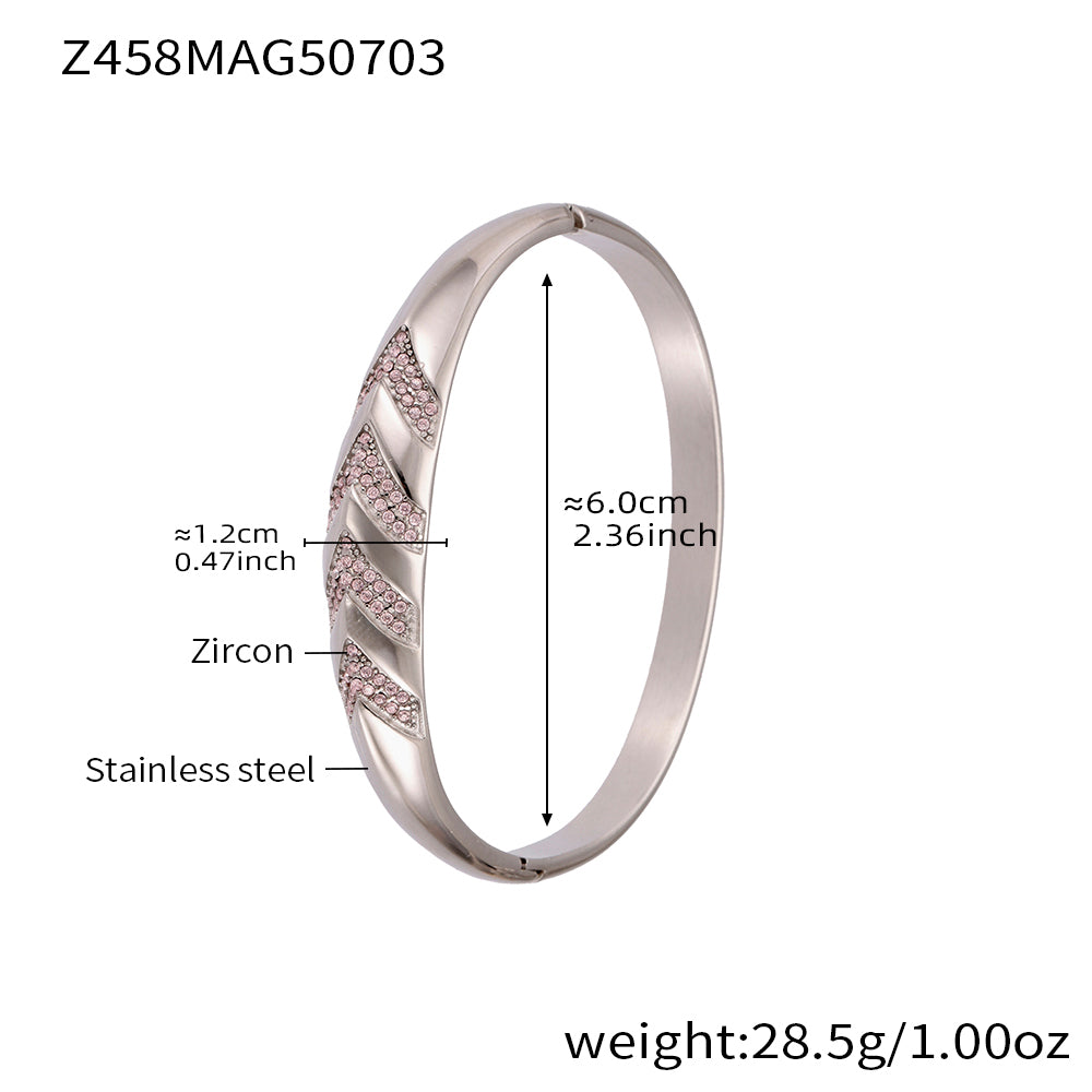 Silver stainless steel bracelet (Z458MAG50703), 1.2cm pink zircon herringbone detail, inner diameter 6cm, weight 28.5g